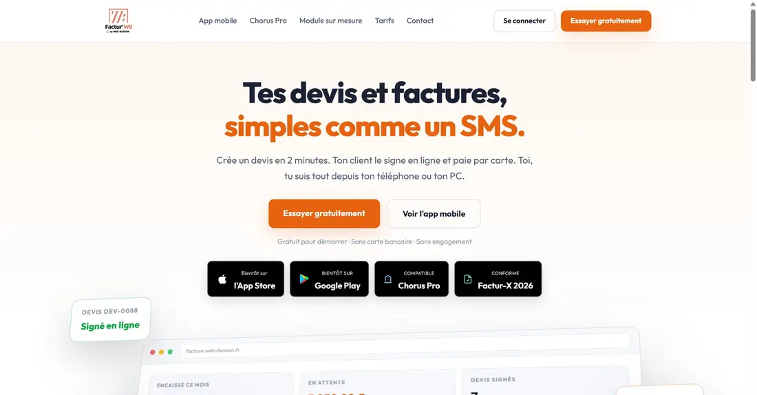Interface de Factur'WB, liste des devis et factures